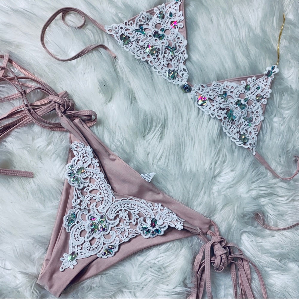 Bedazzled string bikini with crochet appliqué